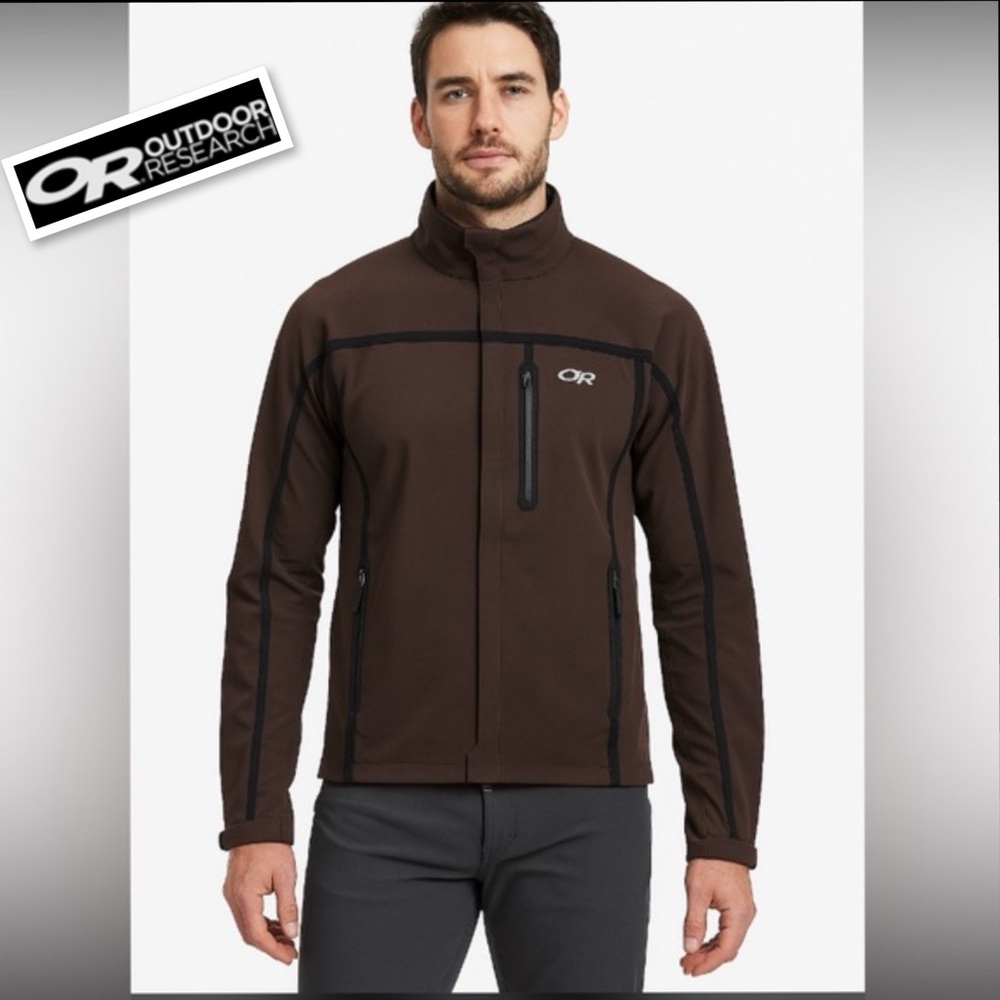 OR / OUTDOOR RESEARCH MENS SOFTSHELL TAPED SEAMS JACKET IN Milk Chocolate Sz SP